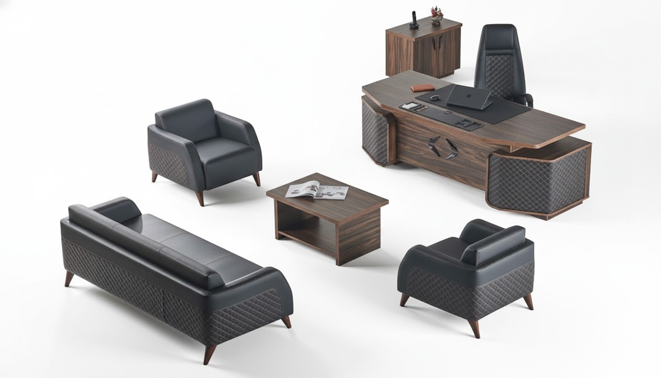 Modern Komplett Arbeitszimmer-Set Schreibtisch Sofas Braun Schwarz Leder