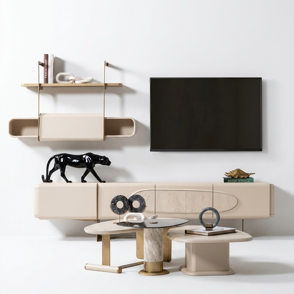 Modern TV-Unit mit 3x Couchtische Robust 4-tlg. Wohngruppe Beige Tisch