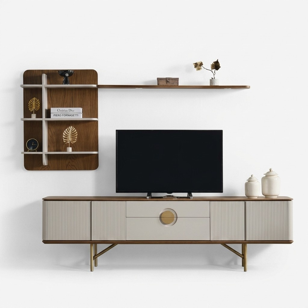 Modern TV-Unit Sideboard Zeitlos Beige Fernsehschrank Wandregal Wohnzimmer