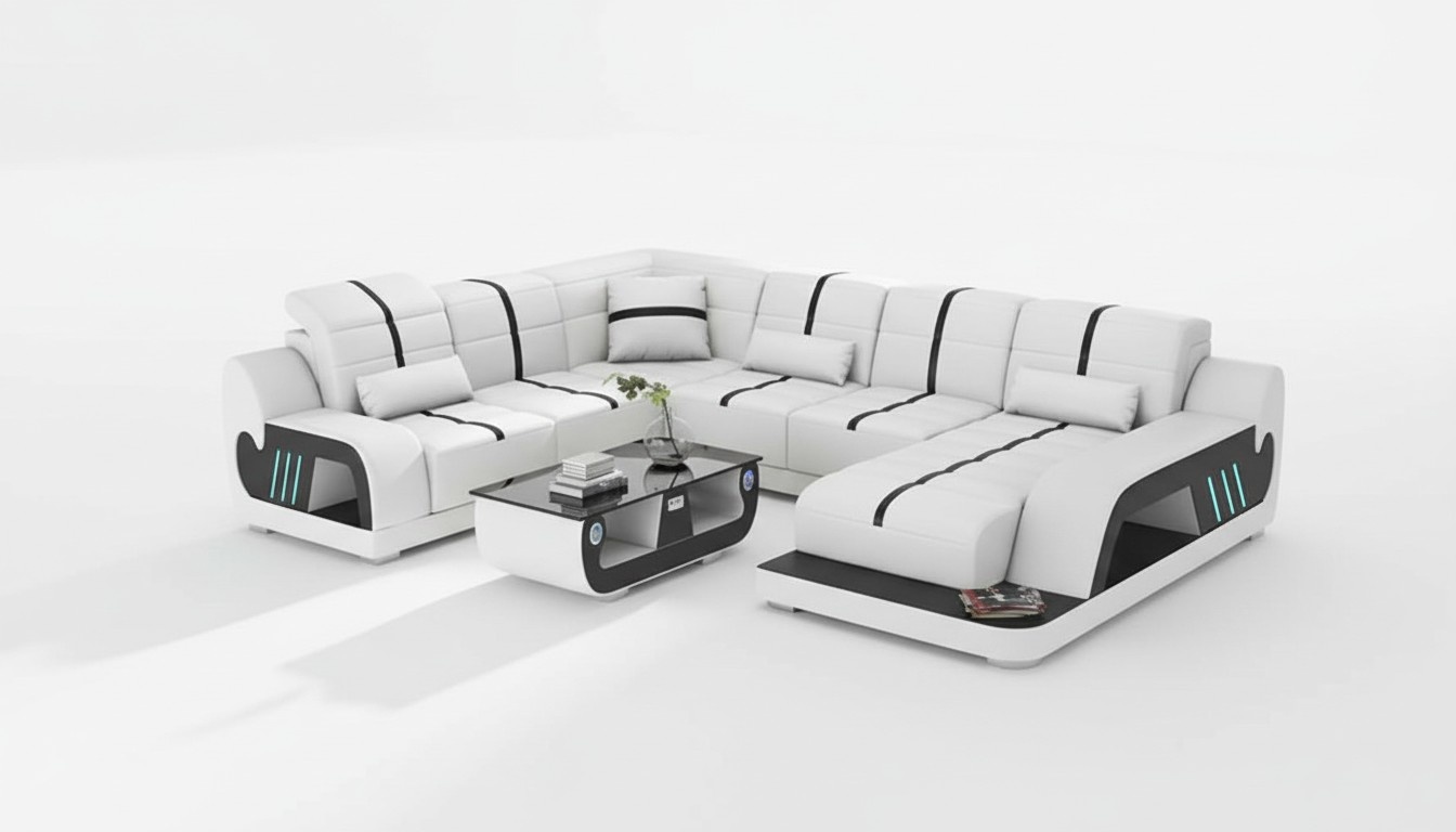 Modern Wohnlandschaft Sofa U Form Ecksofa Designersofa Weiß Kunstleder