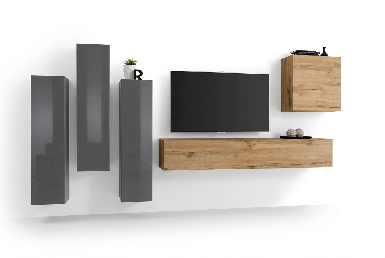 Modern Wohnwände Set 5tlg Wohnzimmer Grau Holz Möbel Schrank TV-Ständer Neu
