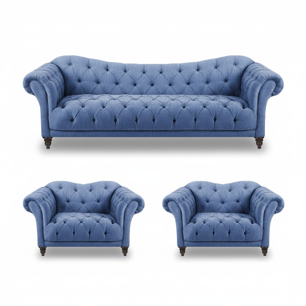 Modern Wohnzimmer Komplett Blau Sofa Couch Dreisitze 2x Sessel Einrichtung