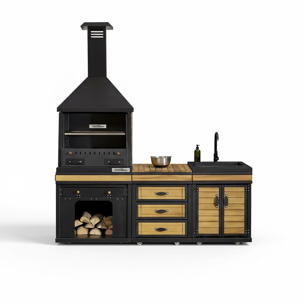 Moderne Außenküche in Schwarz aus Holz und Edelstahl