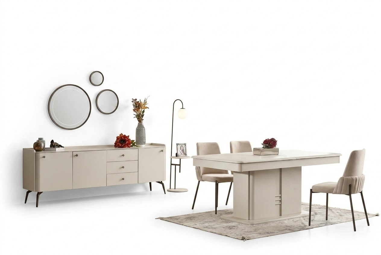 Moderne Esszimmer Garnitur Holztisch 4x Textilstühle Edle Anrichte 6tlg