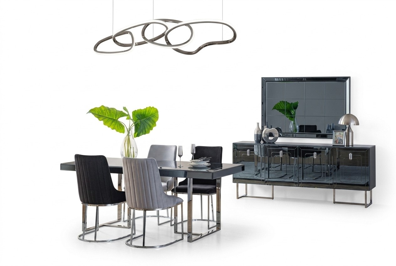 Moderne Esszimmer Möbel Holzesstisch 4x Textilstühle Anrichte Spiegel