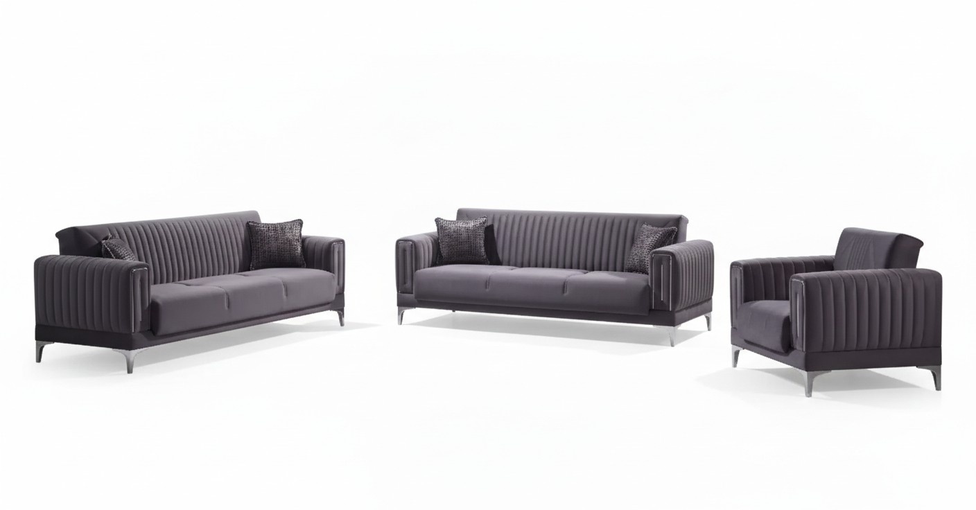 Moderne Graue Couchgarnitur 3+3+1 Sitzer Samt Sessel Wohnzimmer Möbel