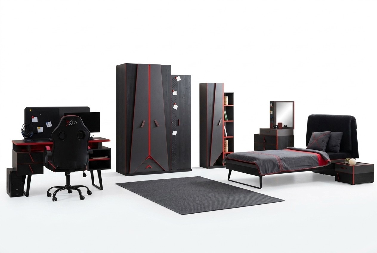 Moderne Kinderzimmer Garnitur Bett Bücherschrank Kommode Tisch 6tlg Set