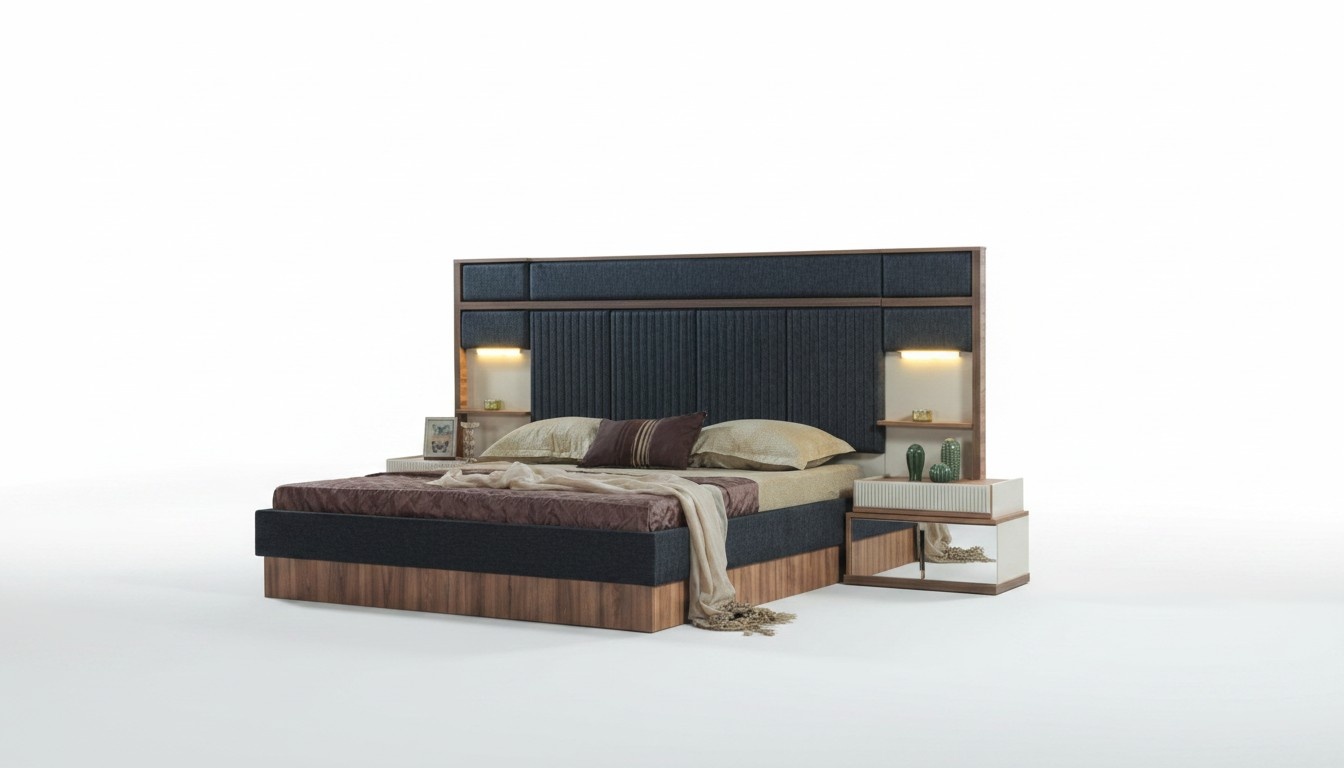 Moderne Schlafzimmer Garnitur Doppelbett Holz Nachttische Textilbett