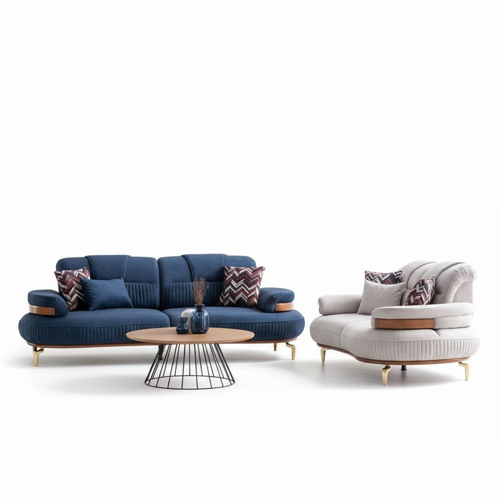 Moderne Sofagarnitur 3+3 Wohnlandschaft Beige Blaue Sitzgarnituren Stoffsofa