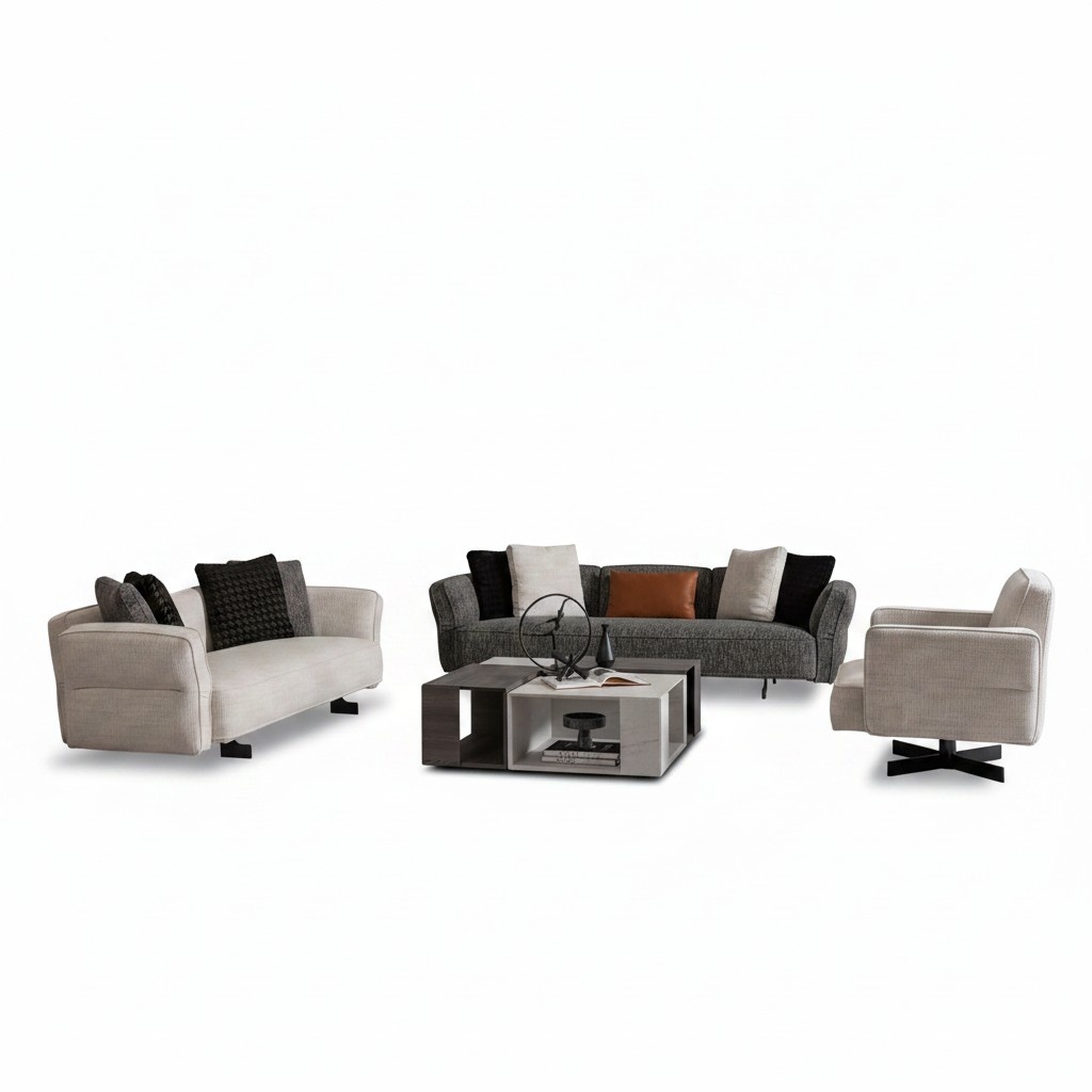 Moderner 3-teiliger Wohnzimmer Set aus Textil in Beige und Grau