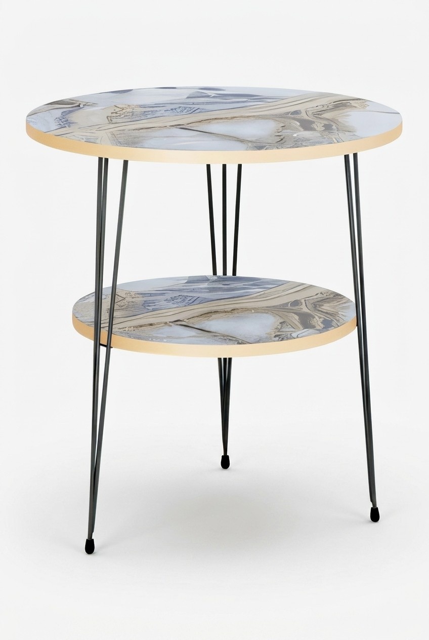 Design Beistelltisch Rund 2-Ebenen Marmor-Optik Blau-Grau