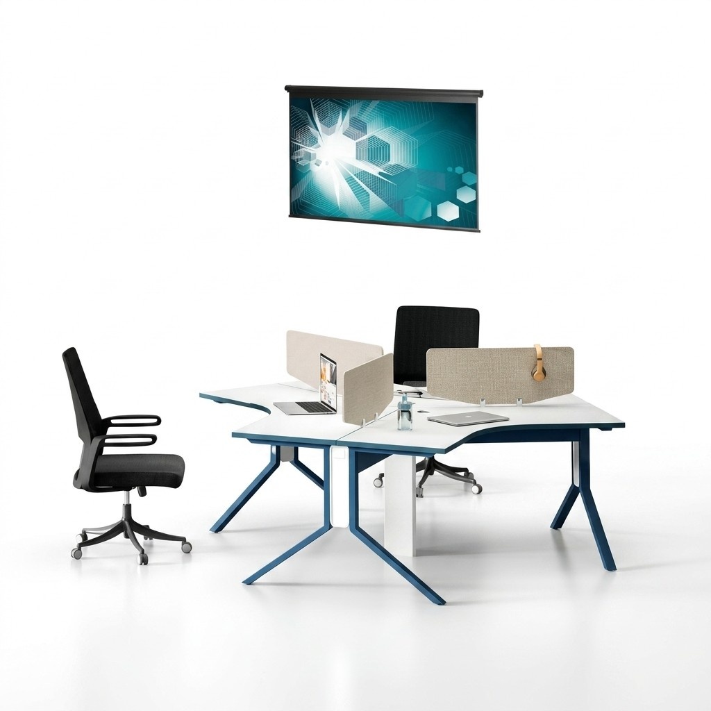 Moderner Blau-Weißer 3-Personen Bürotisch Designer Arbeitszimmer Möbel