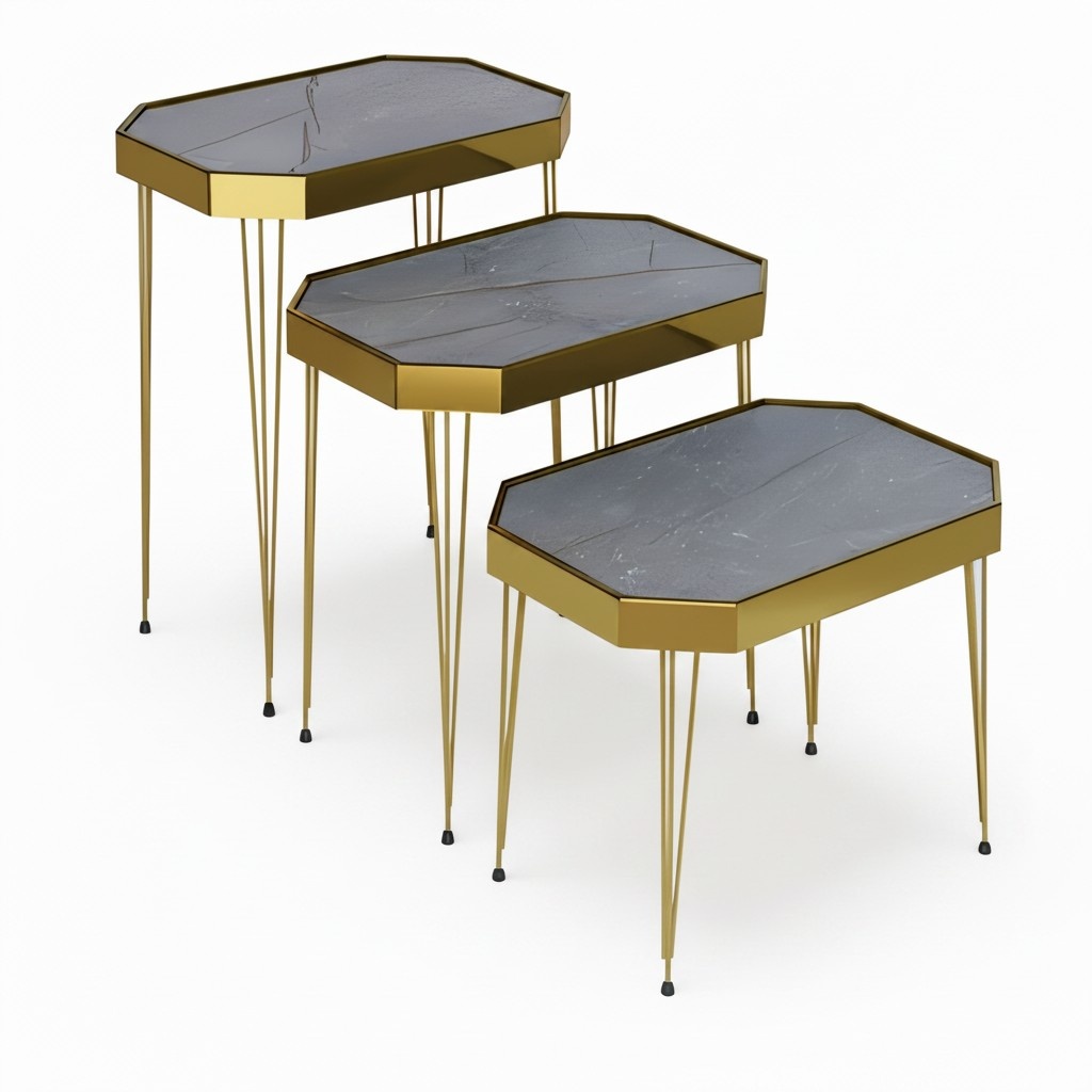 Beistelltisch Set 3 Teile in Marmor-Optik Schwarz mit Goldenen Metallbeinen