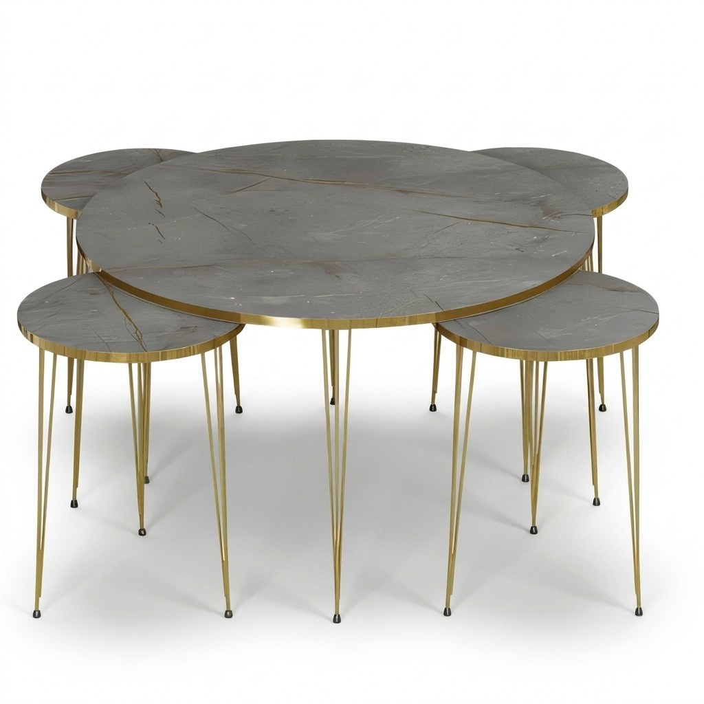 Beistelltisch Set 5 Teile mit Goldenen Beinen und Grauem Marmor-Effekt
