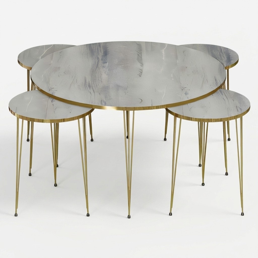 Luxus Couchtisch 5er-Set Marmor-Optik Weiß Gold Rund