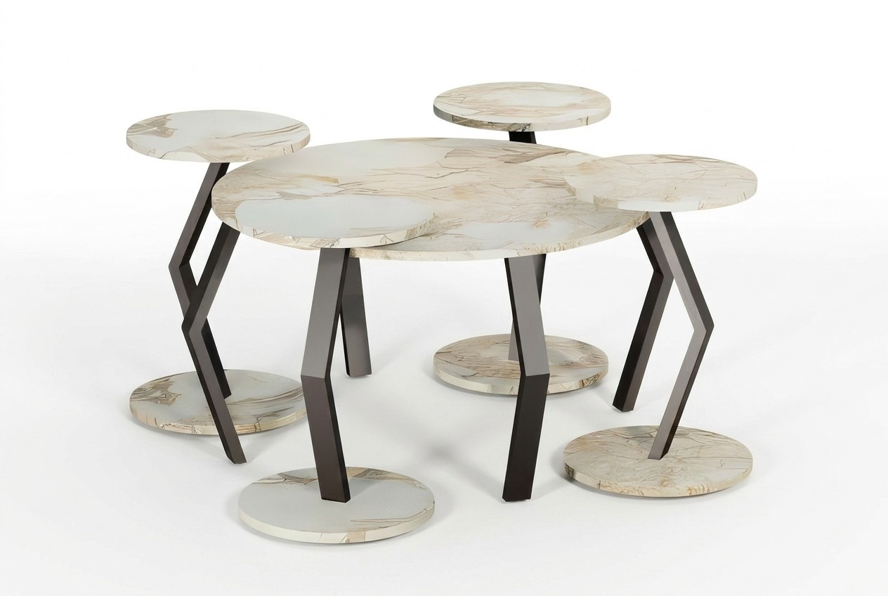 Luxus Designer Couchtisch Set Marmor-Optik mit Z-Beinen - 5-teilig