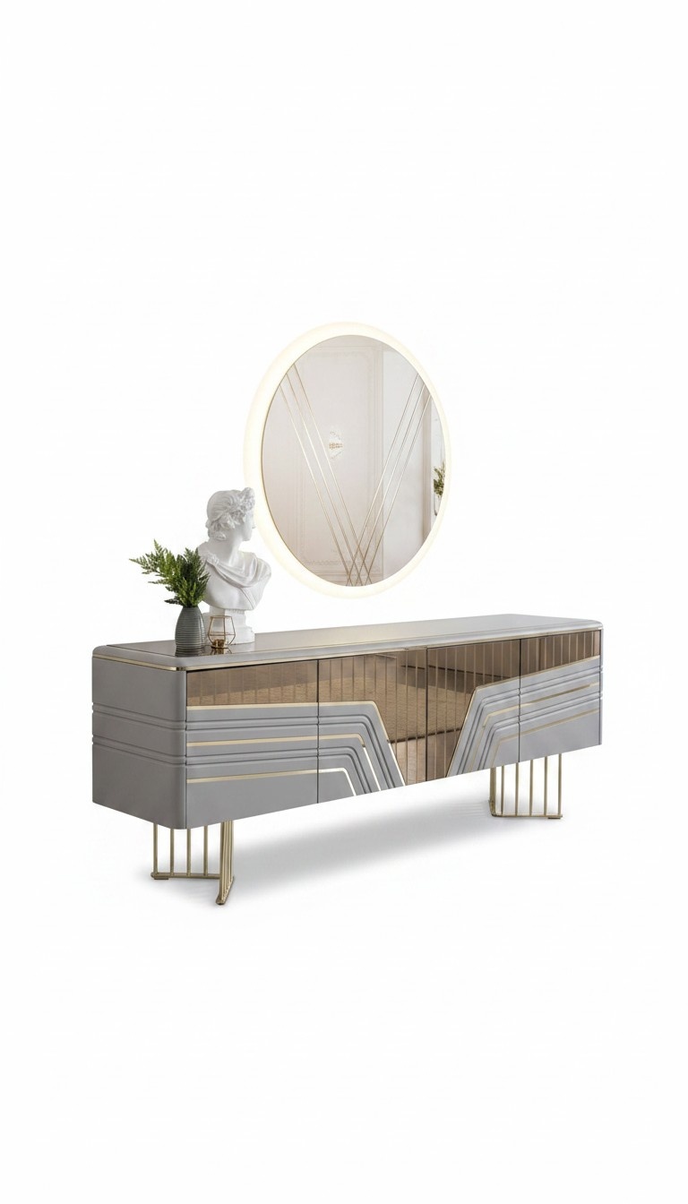Moderner Silber Sideboard Rundspiegel LED Beleuchtung Designer 2tlg Set
