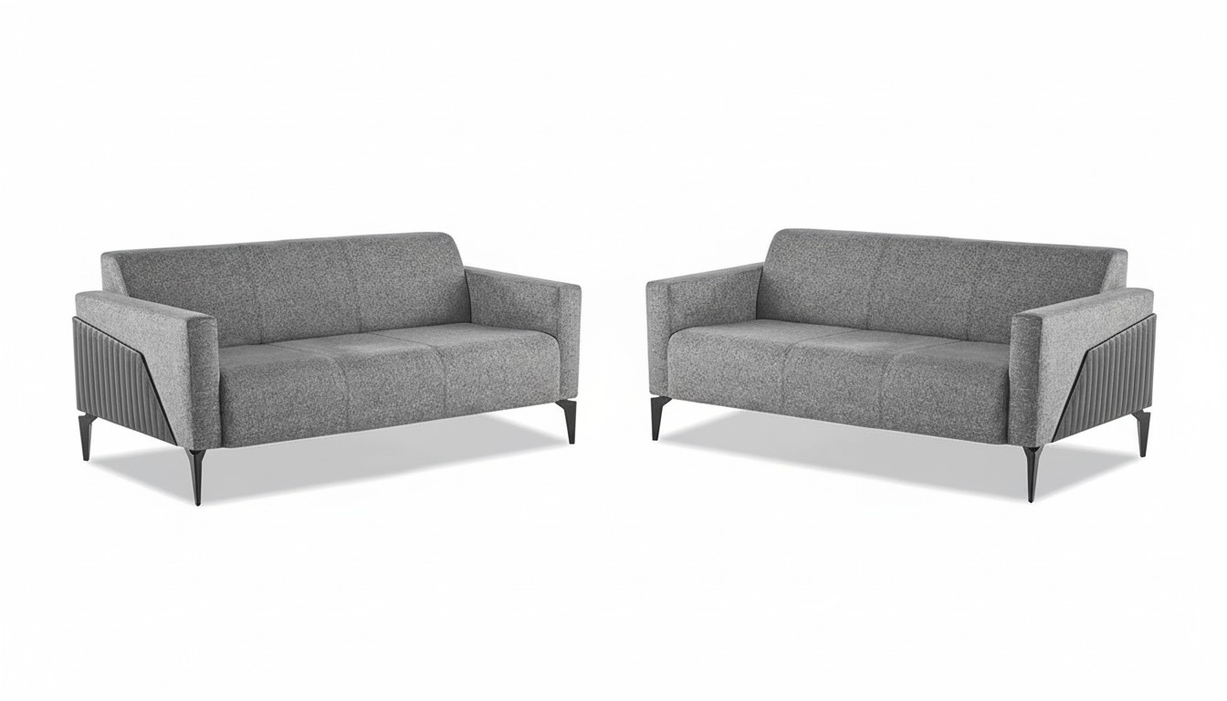 Moderner Sofa-Set 3-Sitzer Grau Edelstahl Modern Couch Textil Leder Holz