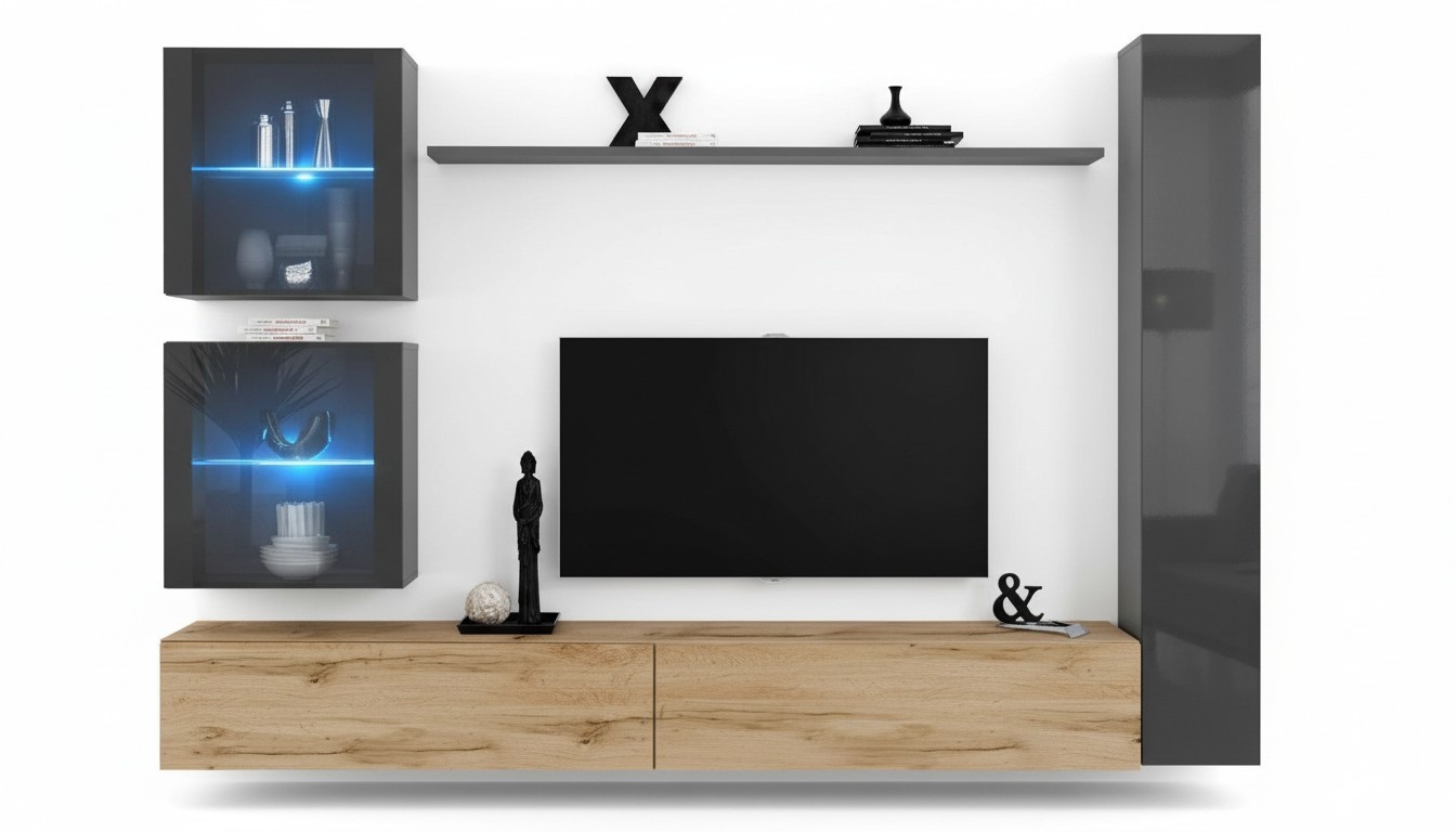 Moderner Wohnwand Sideboard Grau Einrichtung Wandschrank Wohnzimmer TV Ständer
