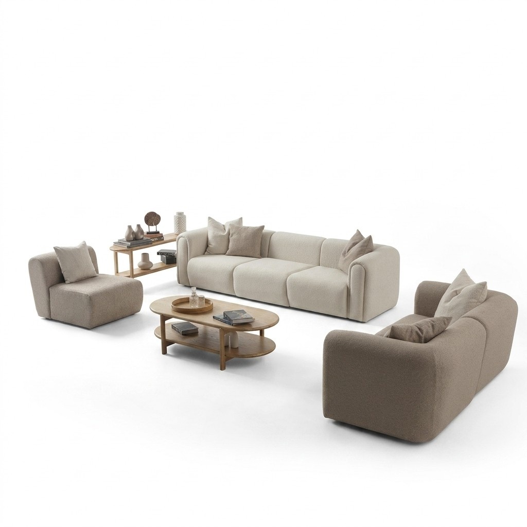 Moderner Wohnzimmer Set aus Textil und Holz in Beige