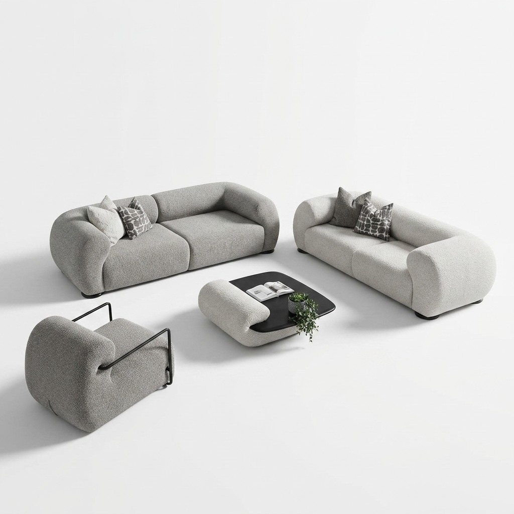 Moderner Wohnzimmer Set aus Textil in Grau mit Holzdetails