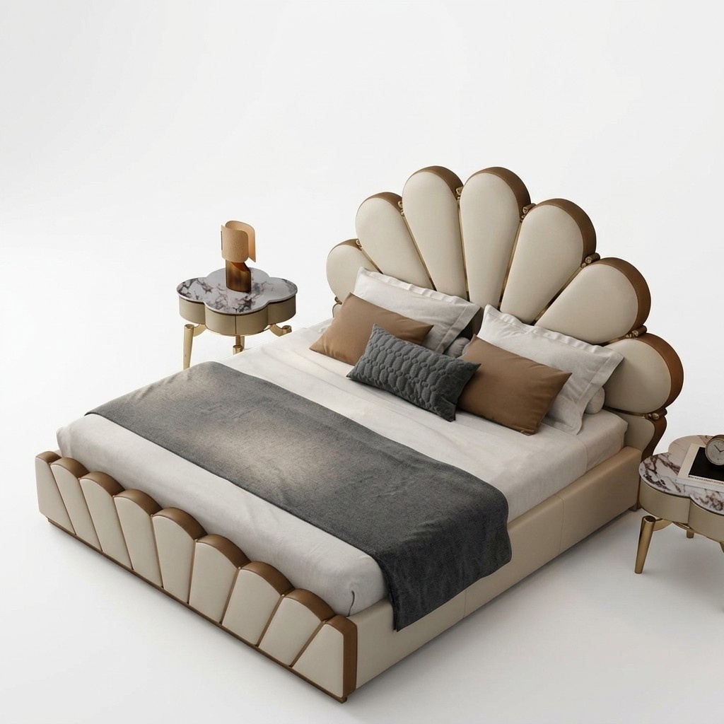 Modernes Beiges Schlafzimmer Bett Kunstleder Doppelbett Designer Betten