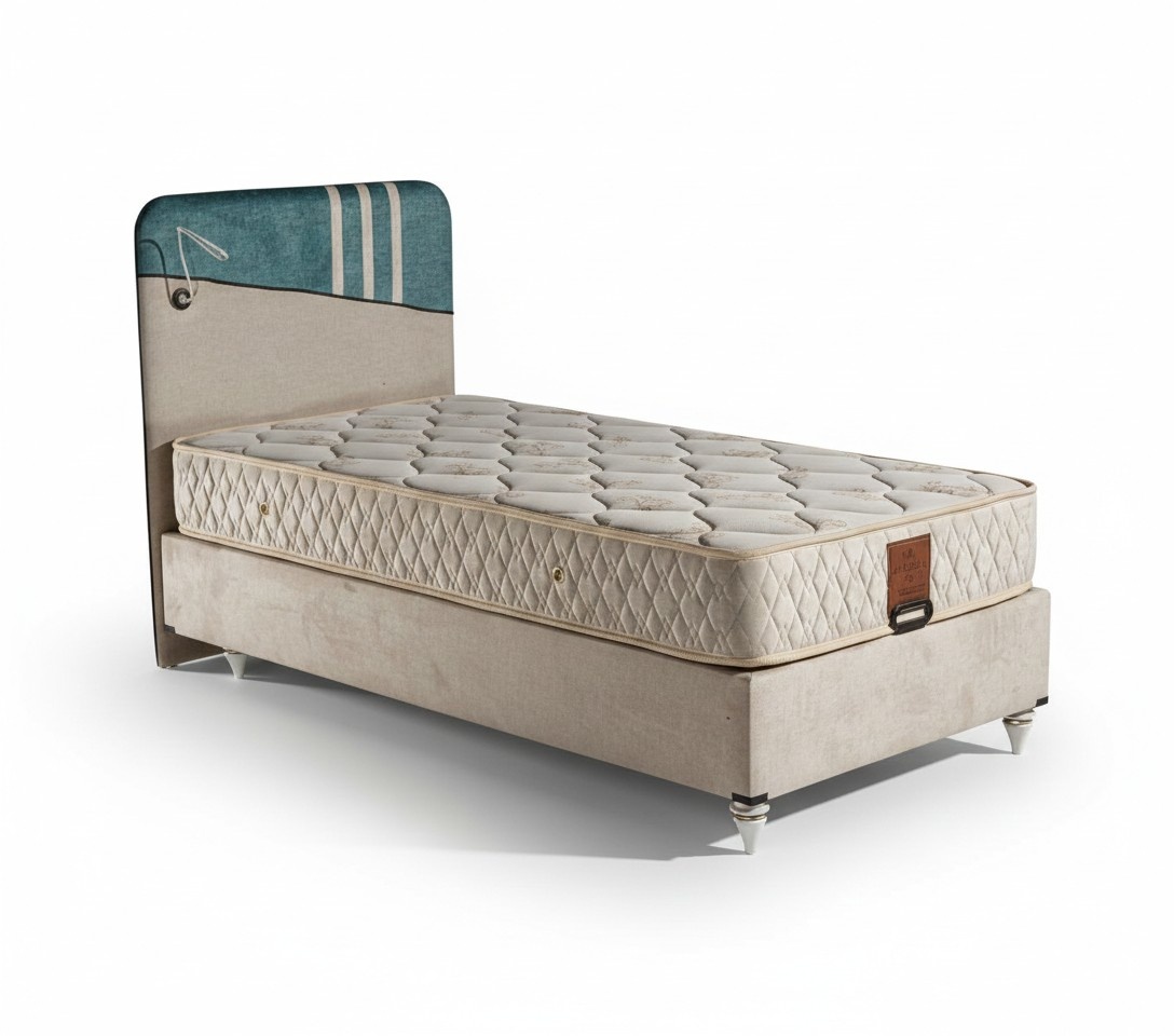 Modernes Bett mit Matratze aus Holz und Textil in Beige