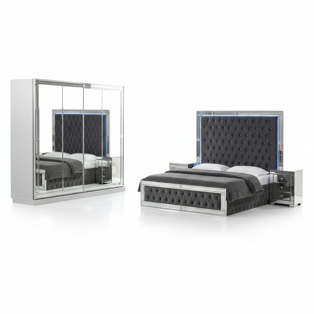 Modernes Chesterfield Graues Doppelbett Edler Kleiderschrank Nachttische