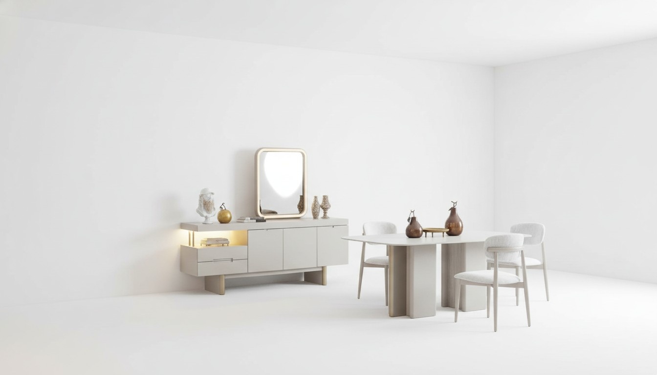 Modernes Esszimmer Set Beige Essgarnitur Essgruppe 8tlg. Tisch Stuhl 6x Kommode