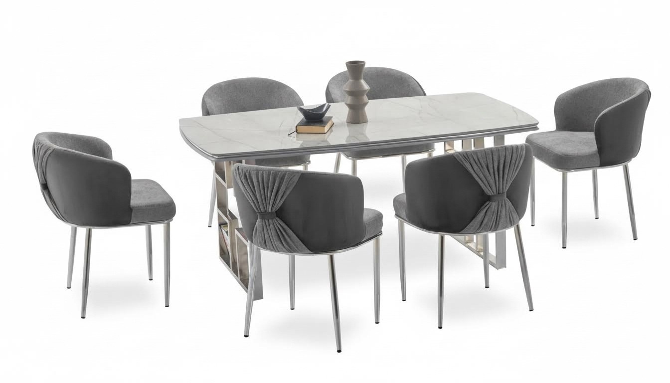 Modernes Esszimmer Set Grau Silber rechteckiger Tisch komfortable Stühle