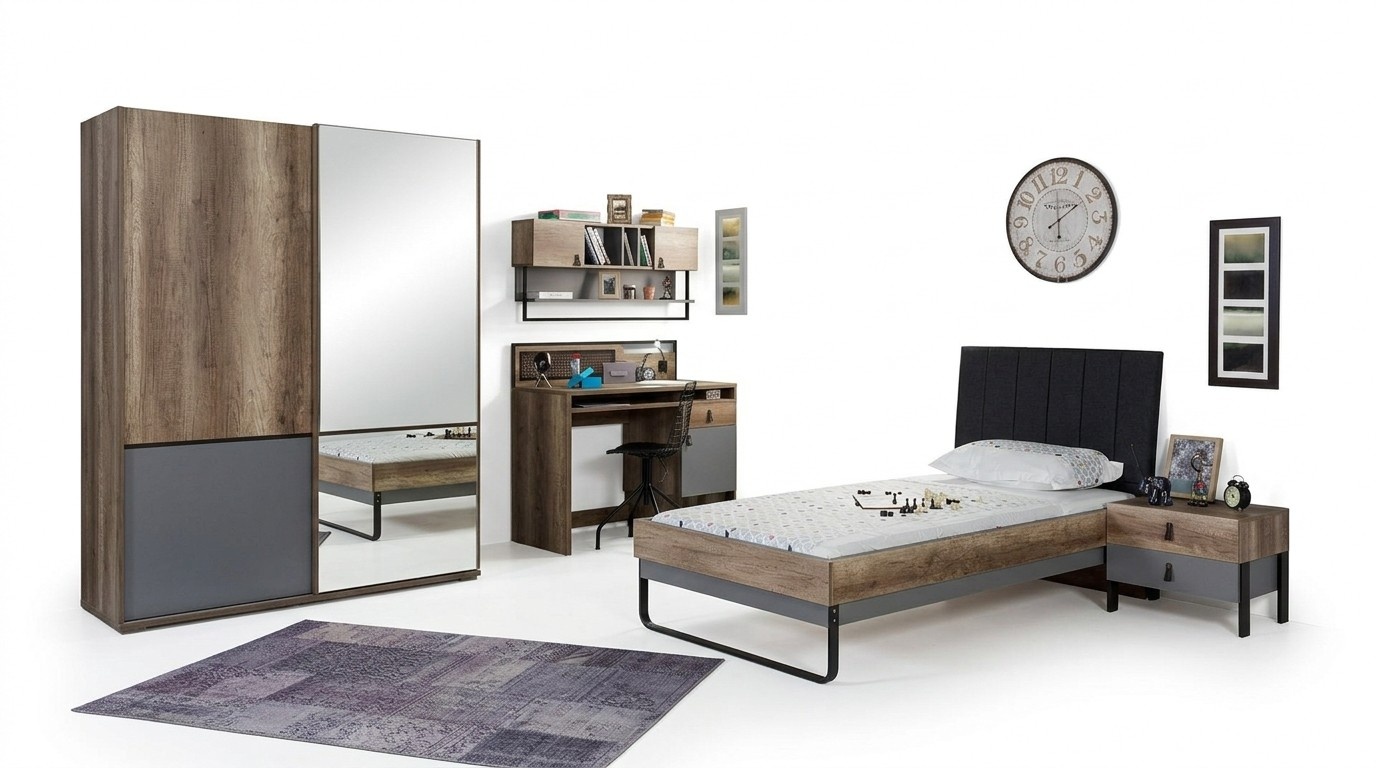 Modernes Jugendzimmer Set Bett Nachttisch Tisch Schlafzimmer Wandregal 6tlg. Neu