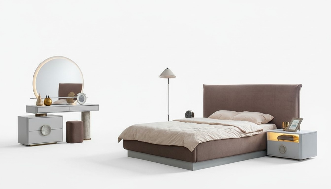 Modernes Schlafzimmer Set 4tlg. Bett Schminktisch Nachttische Taupe Modern
