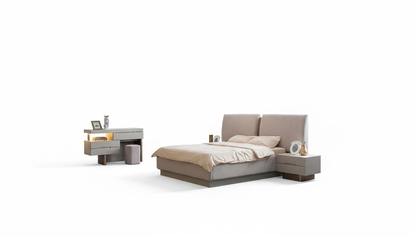 Modernes Schlafzimmer Set 4tlg. Bett Schminktisch Nachttische Beige Modern
