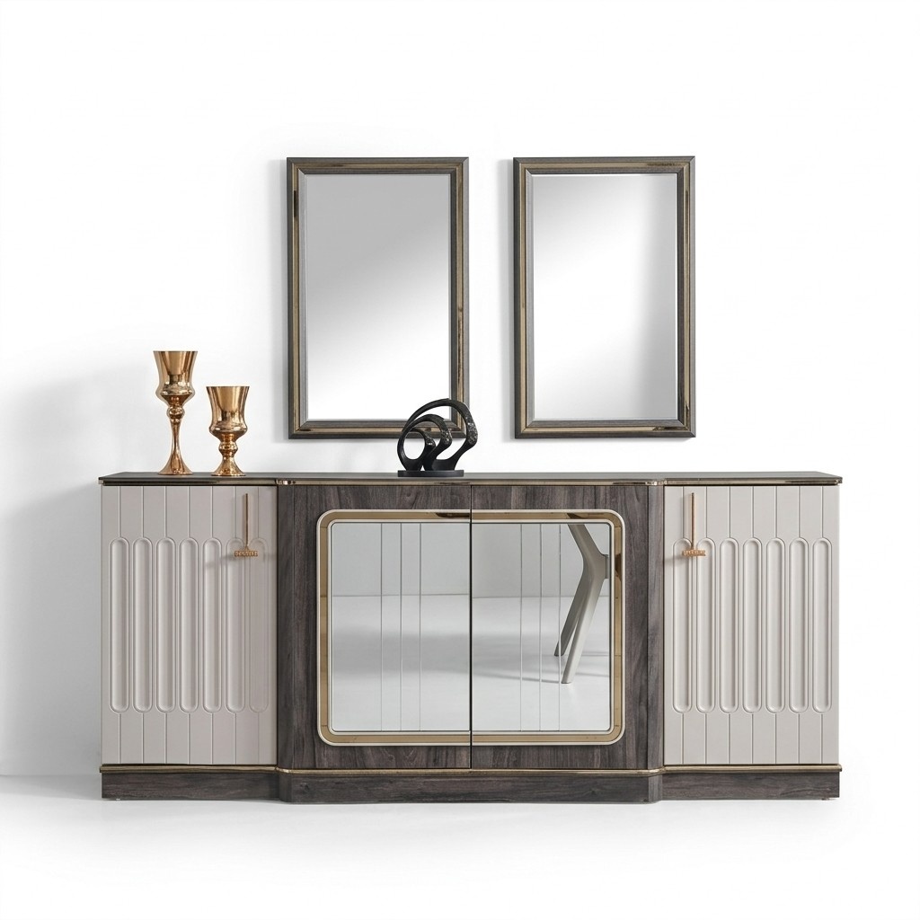 Modernes Sideboard mit 2x Spiegeln Designer Wohnzimmer Holz Kommode
