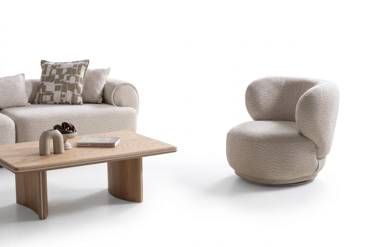 Modernes Wohnzimmer Set aus Holz und Textil in Beige