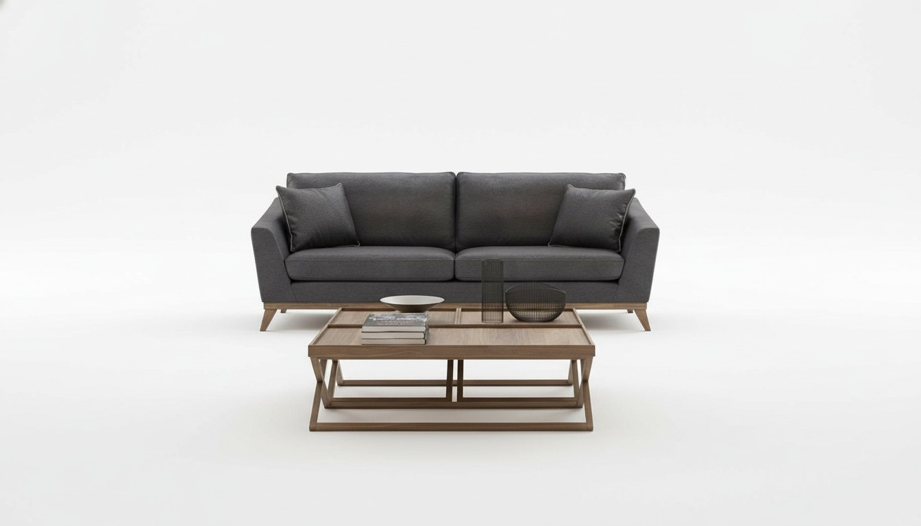 Modernes Wohnzimmer-Set Graues Sofa Couchtische Luxus Holzmöbel 4tlg
