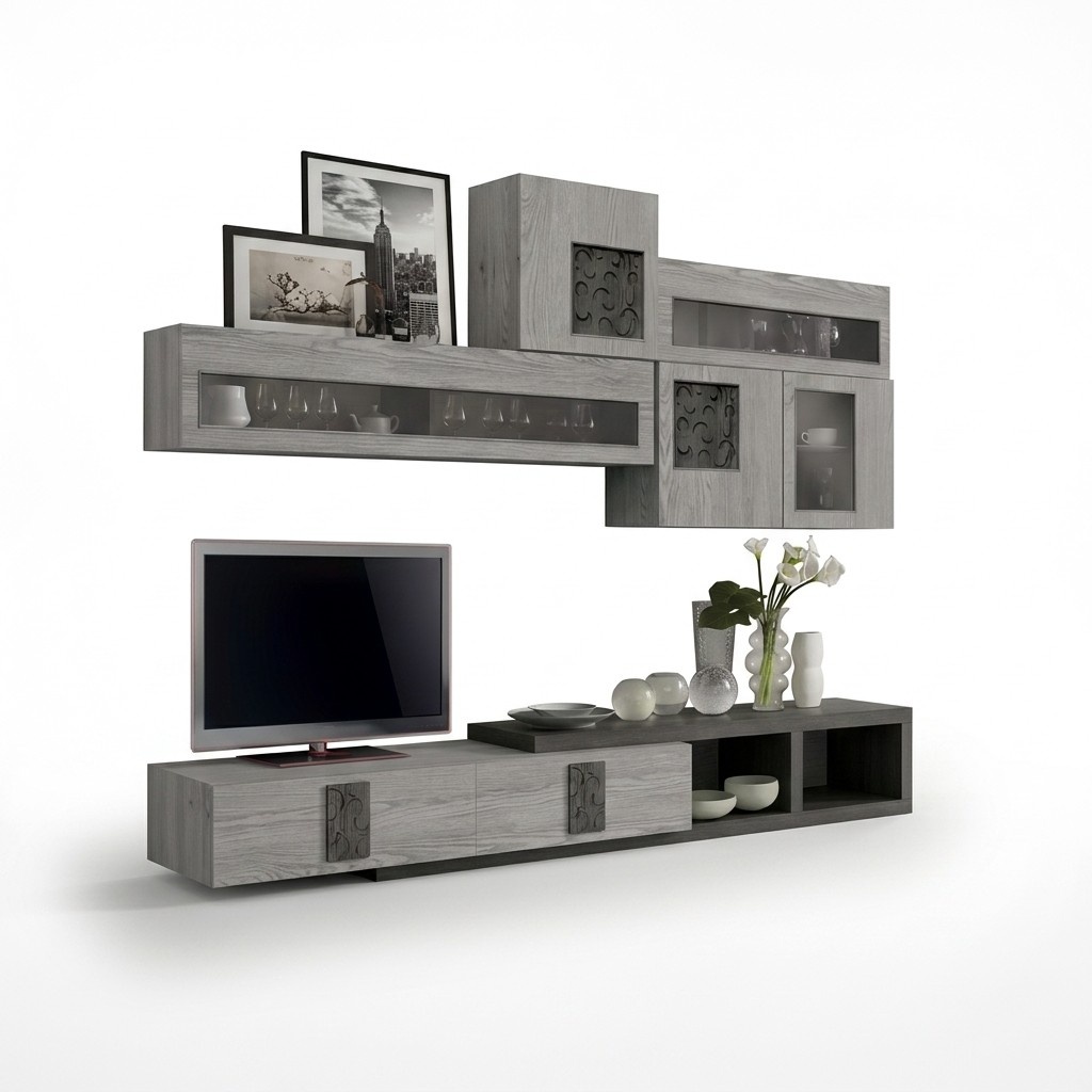 Modernes Wohnzimmer Wandblock Wandblock Modern Grau Holz Wohnwände 295cm