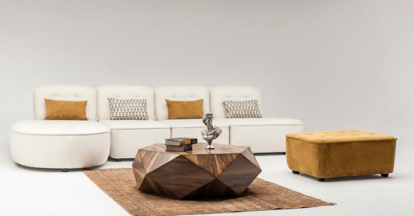 Modulares Sektionssofa Ecksofa L form Medern Counch Hocker Beige Stoff