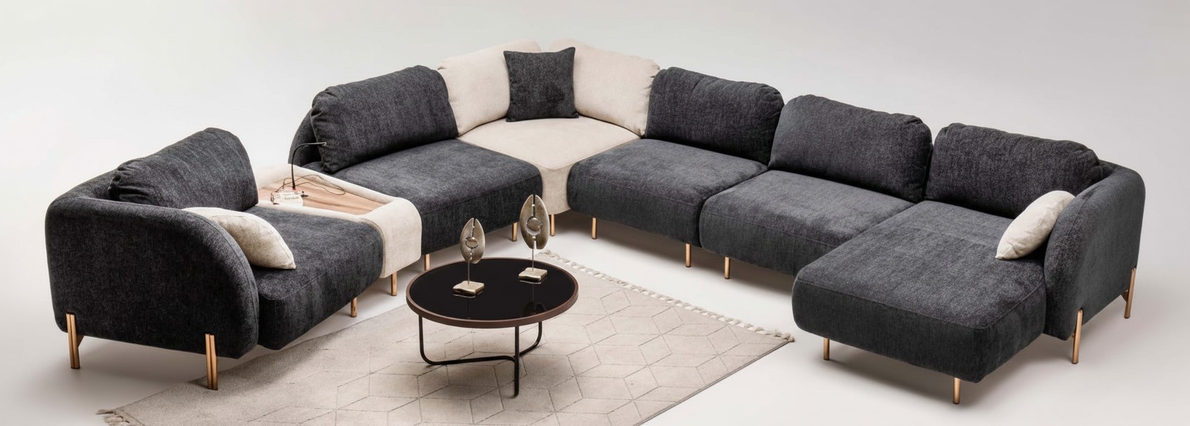 Modulares Sektionssofa Ecksofa U form Counch Grau Ottomane Stoff Sofa