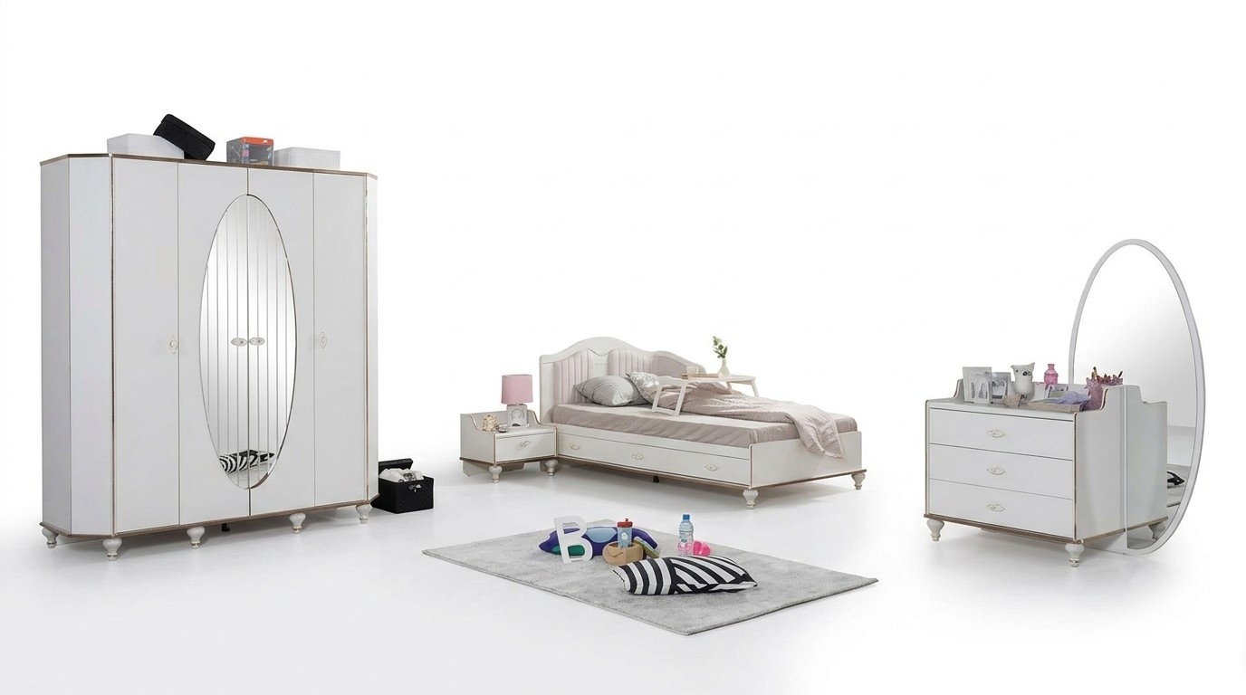 Möbel Jugendzimmer Set Bett Kleiderschrank Nachttisch Kommode mit Spiegel 4tlg