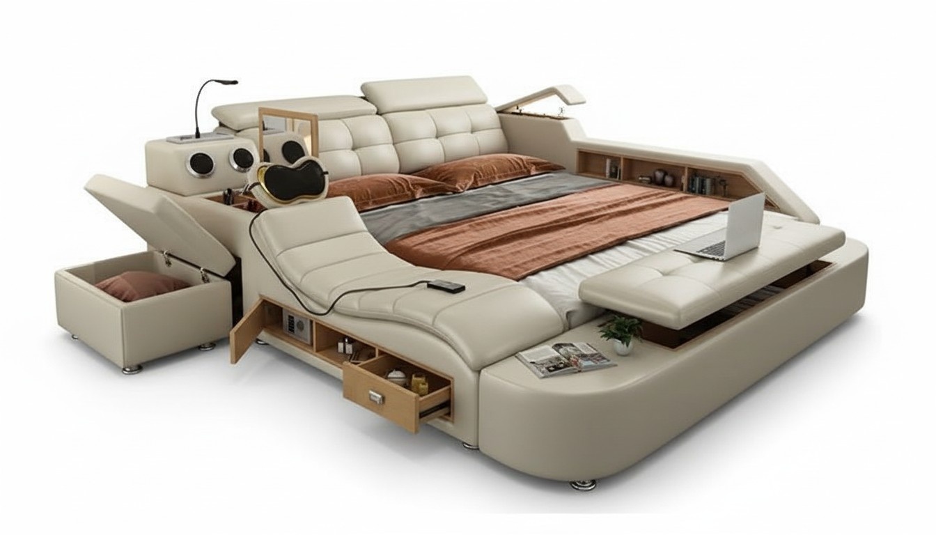 Multifunktions Bett Luxus Design Leder Betten Doppel Regal 180x200cm