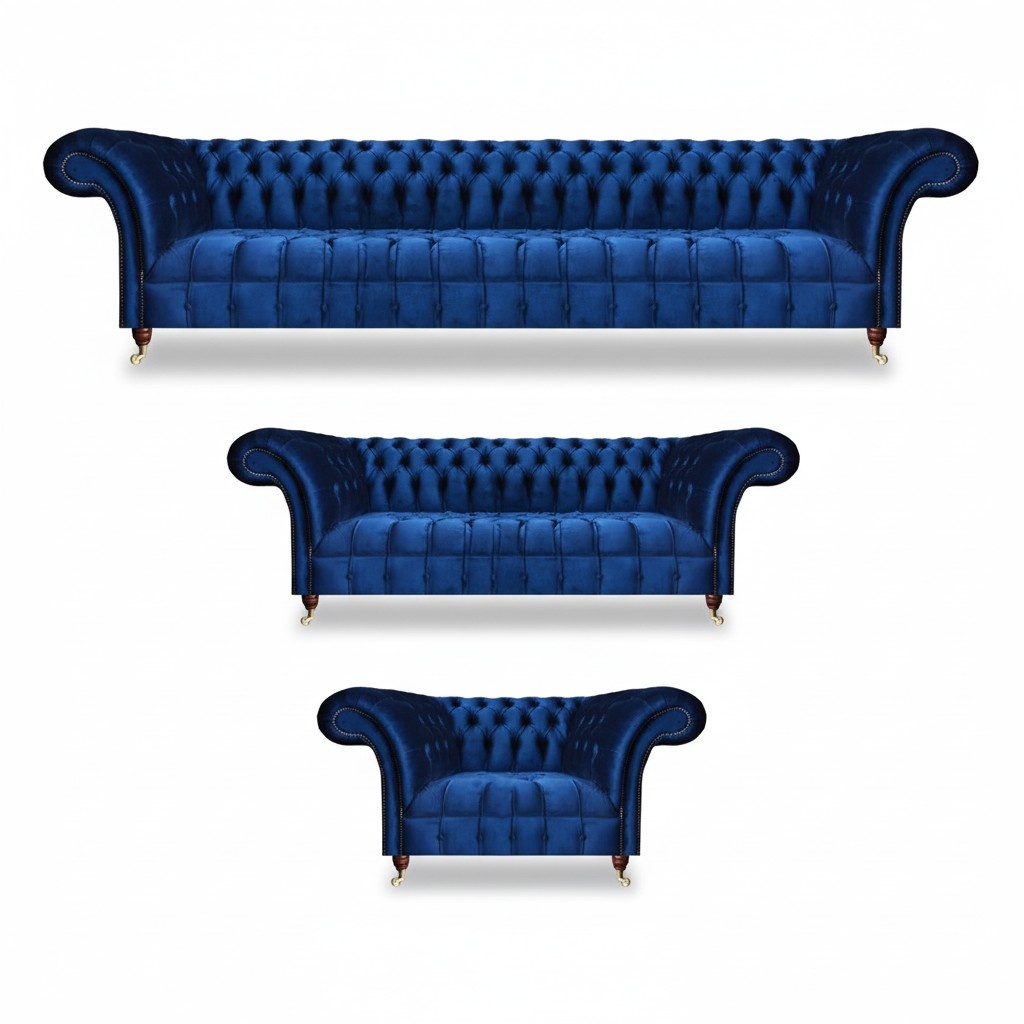 Neu Sofa Set 3tlg Luxus Blau Komplett Chesterfield Wohnzimmer Polstermöbel