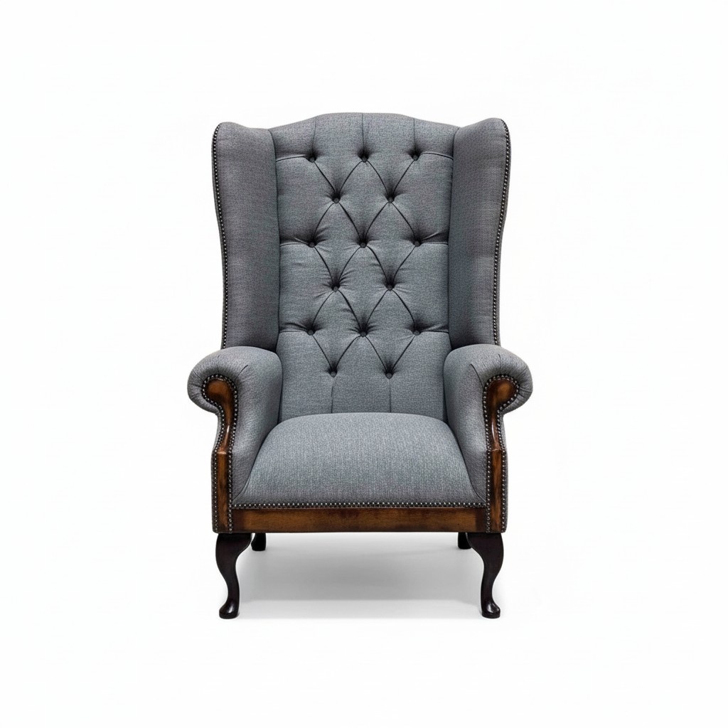 Ohrensessel Chesterfield Sessel Couch 1 Sitzer Grau Stoff Textil Neu