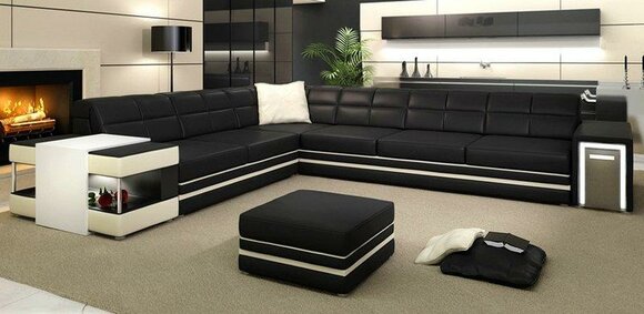 Ecksofa Sofa Couch Polster Leder Garnitur Wohnlandschaft Ecke Wohn Schwarz PH3026