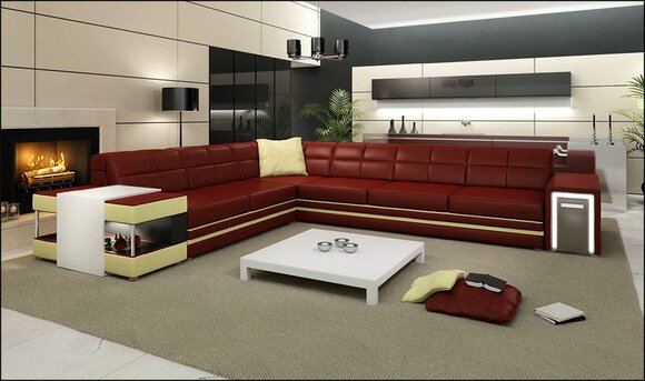 Ecksofa Sofa Couch Polster Leder Garnitur Wohnlandschaft Ecke Wohn Rot PH3026