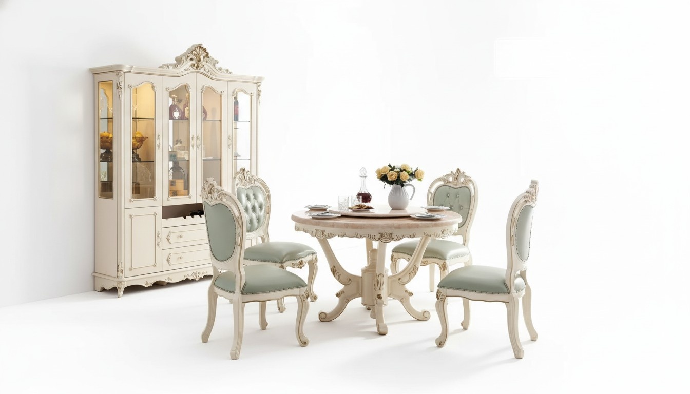 Perlweiß Esszimmer Set Esstisch 6х Stühle Vitrine 8tlg Luxus-Set