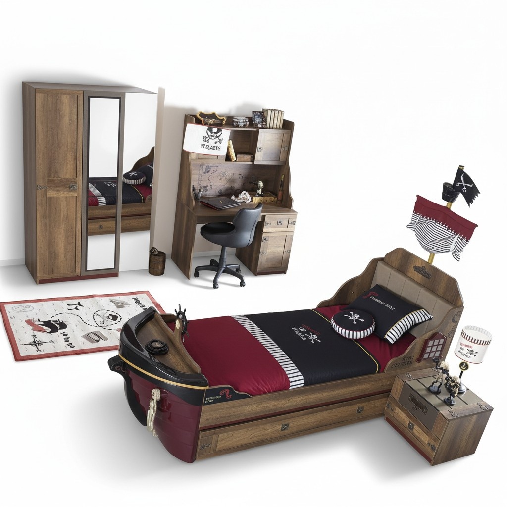 Pirat Funktionsbett Kinderbett Braun Holz Set Nachttisch Betten Bett