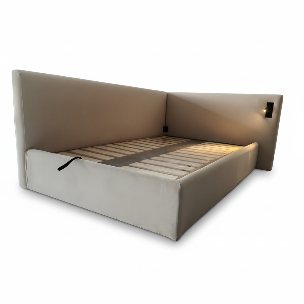 Polsterbett Beige Stoff Modern Hotelstil LED Beleuchtung Eckkopfteil Luxus Look