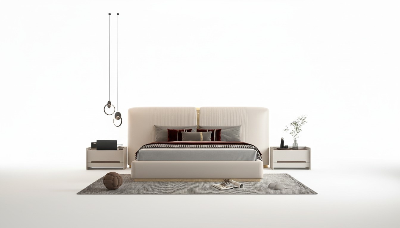 Polsterbett Luxus Design Bett Schlafzimmer Möbel Beiges Kopfteil Elegant