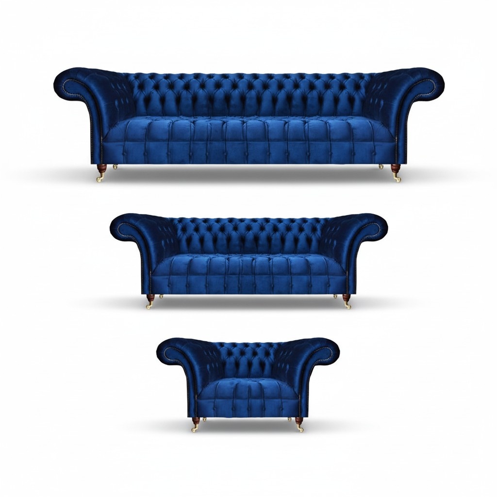 Polstermöbel Blau Sofa Komplett 3tlg 2x Sofas Einrichtung Sessel Chesterfield